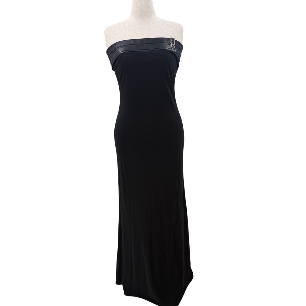 Vintage ABS Allen‎ Schwartz Black Strapless Maxi Dress Leather Buckle Trim 90's